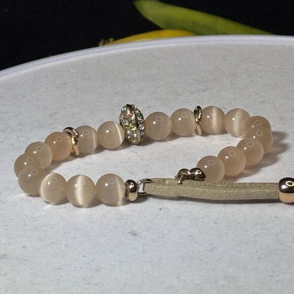 Express Crystal Glass Beads With Tan Pull Cord Slide Adjustable Bracelet NWOT - Picture 7 of 8